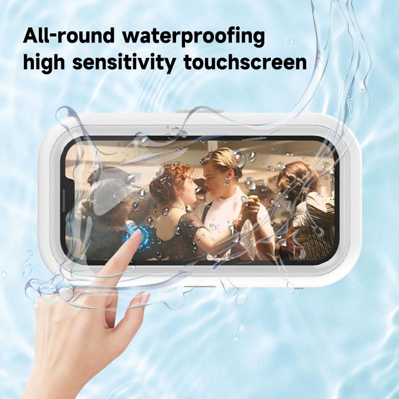 All-round waterproof cell phone holder，"480° rotating shower phone holder with waterproof case, compatible with 4" to 7" phones. Full touchscreen functionality for easy use in the shower. Wall-mounted for convenience and security."
