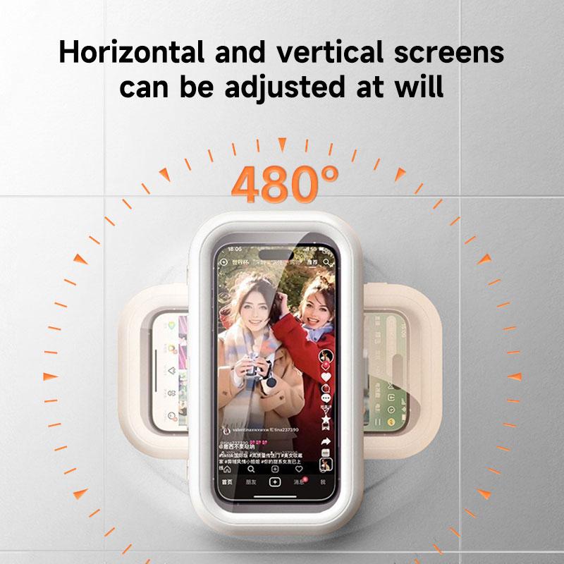All-round waterproof cell phone holder，"480° rotating shower phone holder with waterproof case, compatible with 4" to 7" phones. Full touchscreen functionality for easy use in the shower. Wall-mounted for convenience and security."