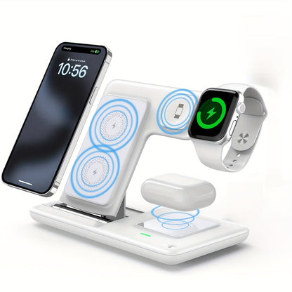 3-in-1 Folding Wireless Charging Station for iPhone 15–11 Series, Apple Watch 1–9 & AirPods Pro/3/2 – Magnetic USB Charger with LED Indicator