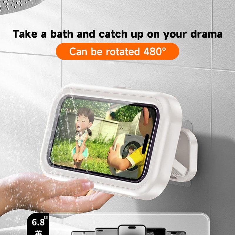 All-round waterproof cell phone holder，"480° rotating shower phone holder with waterproof case, compatible with 4" to 7" phones. Full touchscreen functionality for easy use in the shower. Wall-mounted for convenience and security."