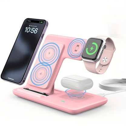 3-in-1 Folding Wireless Charging Station for iPhone 15–11 Series, Apple Watch 1–9 & AirPods Pro/3/2 – Magnetic USB Charger with LED Indicator