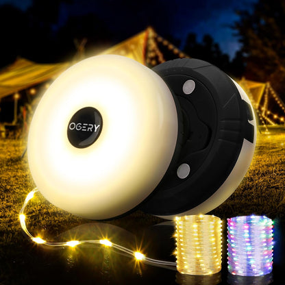 Camping String Lights, 4 in 1 Quick Storage 32.8FT Rechargeable Tent Lights String with 8 Lighting Modes, Hanging Waterproof Portable LED Lamp for Outdoor Patio Awning Party Essentials