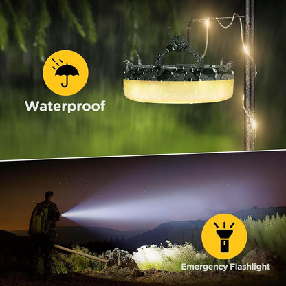 Camping String Lights, 4 in 1 Quick Storage 32.8FT Rechargeable Tent Lights String with 8 Lighting Modes, Hanging Waterproof Portable LED Lamp for Outdoor Patio Awning Party Essentials
