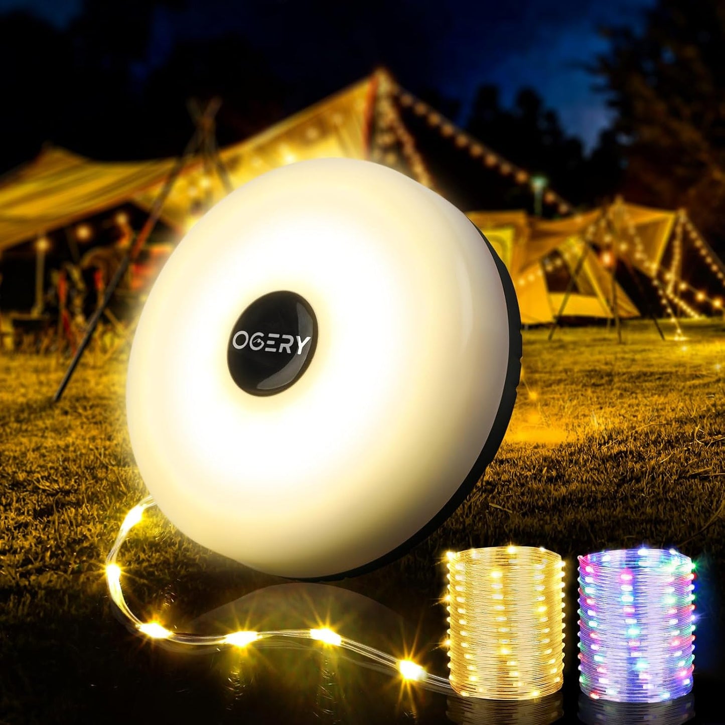 Camping String Lights, 4 in 1 Quick Storage 32.8FT Rechargeable Tent Lights String with 8 Lighting Modes, Hanging Waterproof Portable LED Lamp for Outdoor Patio Awning Party Essentials