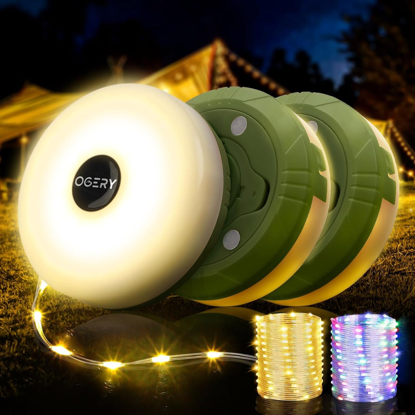 Camping String Lights, 4 in 1 Quick Storage 32.8FT Rechargeable Tent Lights String with 8 Lighting Modes, Hanging Waterproof Portable LED Lamp for Outdoor Patio Awning Party Essentials