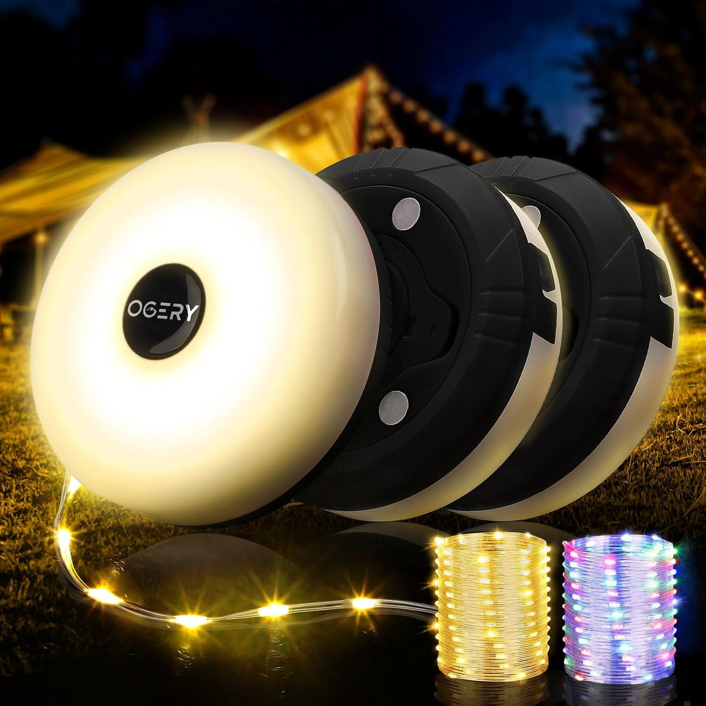 Camping String Lights, 4 in 1 Quick Storage 32.8FT Rechargeable Tent Lights String with 8 Lighting Modes, Hanging Waterproof Portable LED Lamp for Outdoor Patio Awning Party Essentials