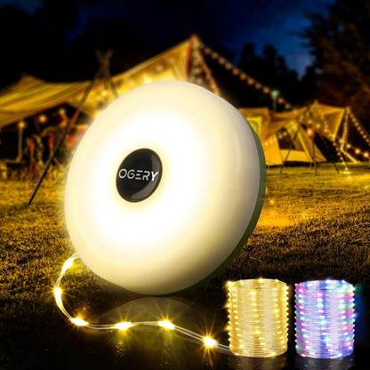 Camping String Lights, 4 in 1 Quick Storage 32.8FT Rechargeable Tent Lights String with 8 Lighting Modes, Hanging Waterproof Portable LED Lamp for Outdoor Patio Awning Party Essentials