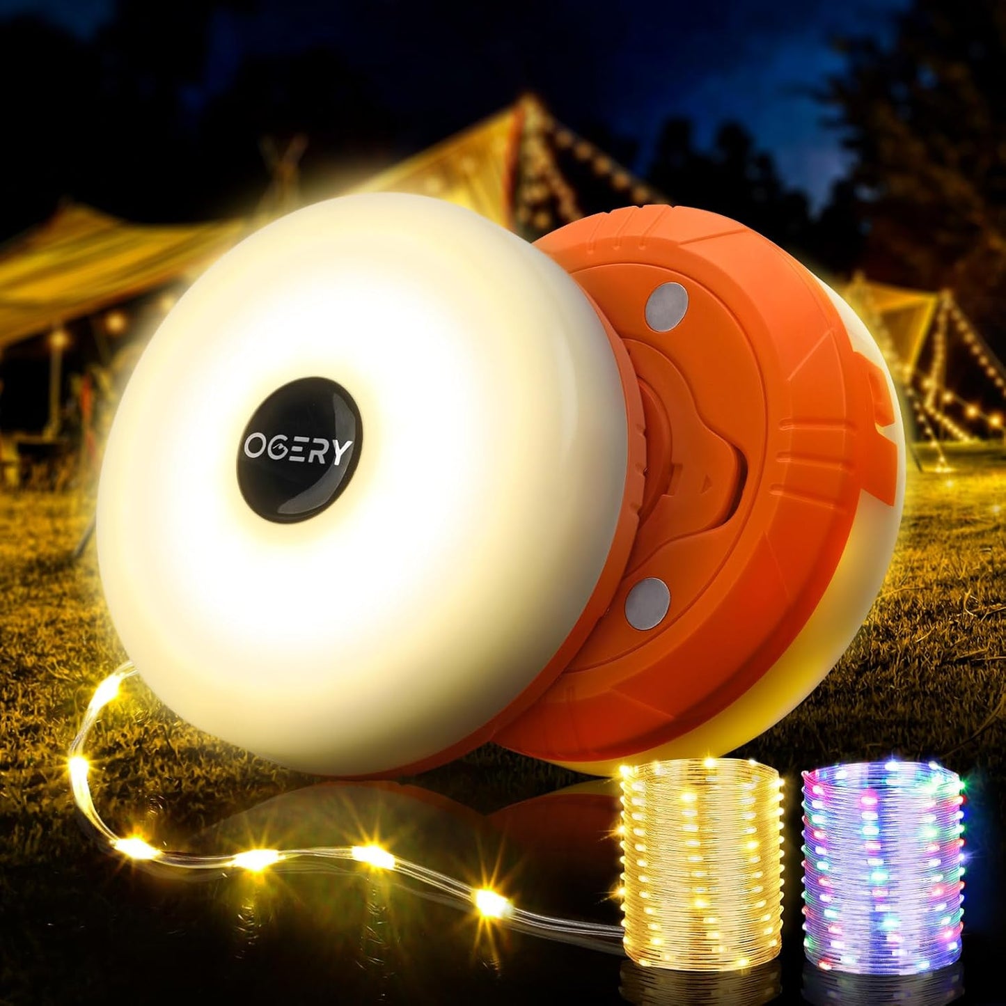 Camping String Lights, 4 in 1 Quick Storage 32.8FT Rechargeable Tent Lights String with 8 Lighting Modes, Hanging Waterproof Portable LED Lamp for Outdoor Patio Awning Party Essentials