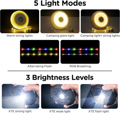 Camping String Lights, 4 in 1 Quick Storage 32.8FT Rechargeable Tent Lights String with 8 Lighting Modes, Hanging Waterproof Portable LED Lamp for Outdoor Patio Awning Party Essentials