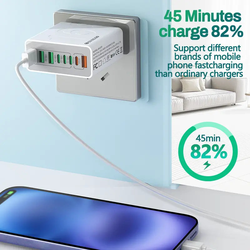 8-Port Fast Charging USB Hub (4 USB-C + 4 USB-A) Portable Smart Charger for Multiple Devices Smart Charger for Phones, Tablets & More