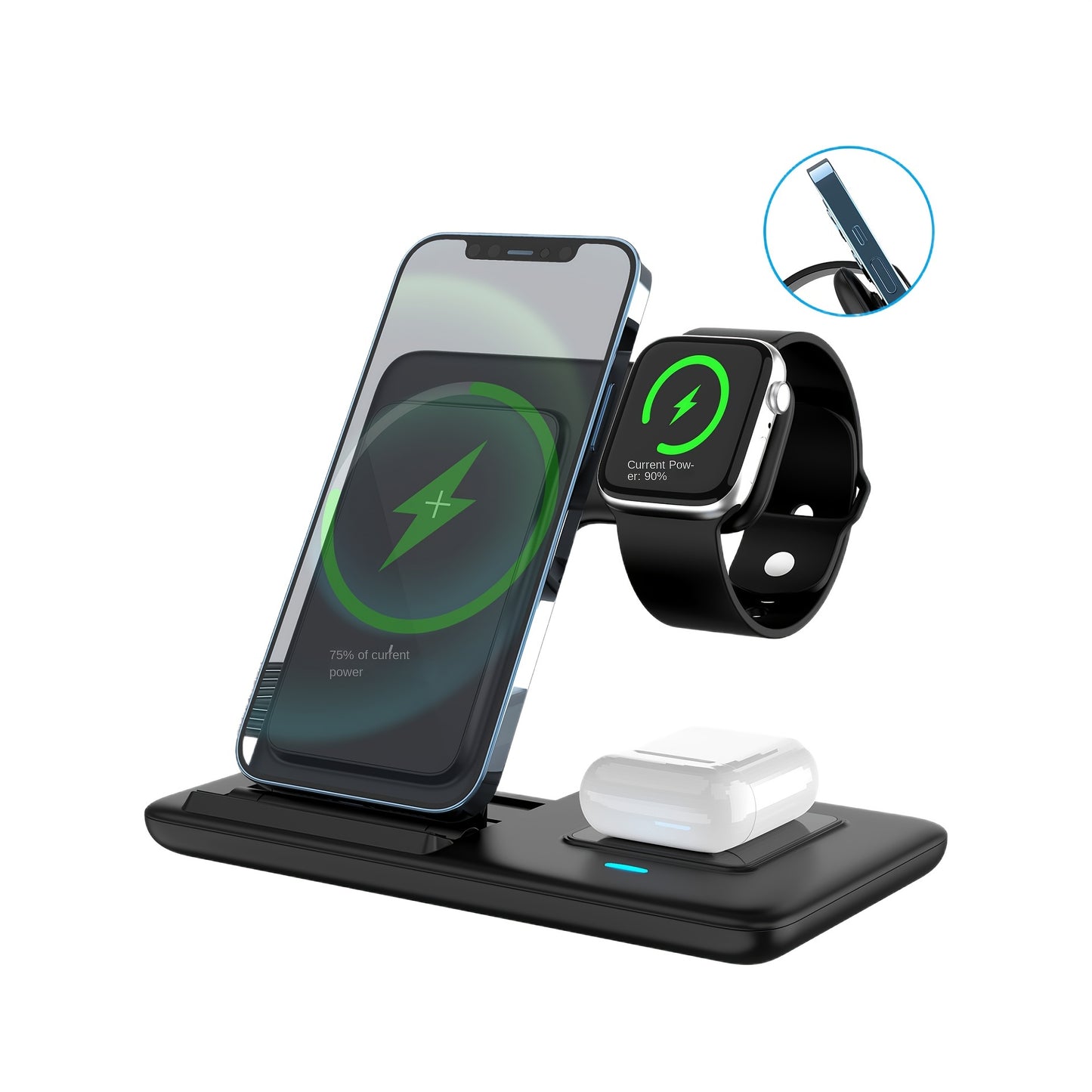 3-in-1 Folding Wireless Charging Station for iPhone 15–11 Series, Apple Watch 1–9 & AirPods Pro/3/2 – Magnetic USB Charger with LED Indicator