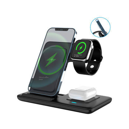 3-in-1 Folding Wireless Charging Station for iPhone 15–11 Series, Apple Watch 1–9 & AirPods Pro/3/2 – Magnetic USB Charger with LED Indicator
