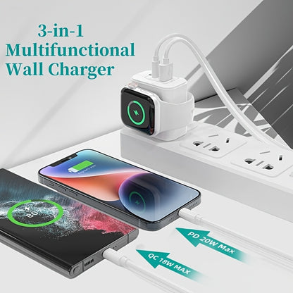 3in1 Charger, PD 20W Dual Interface, USB, Universal Travel Power Supply, 10-20W Output Power, 110V/220V Operating Voltage, US Plug, Without Battery, for iwatch