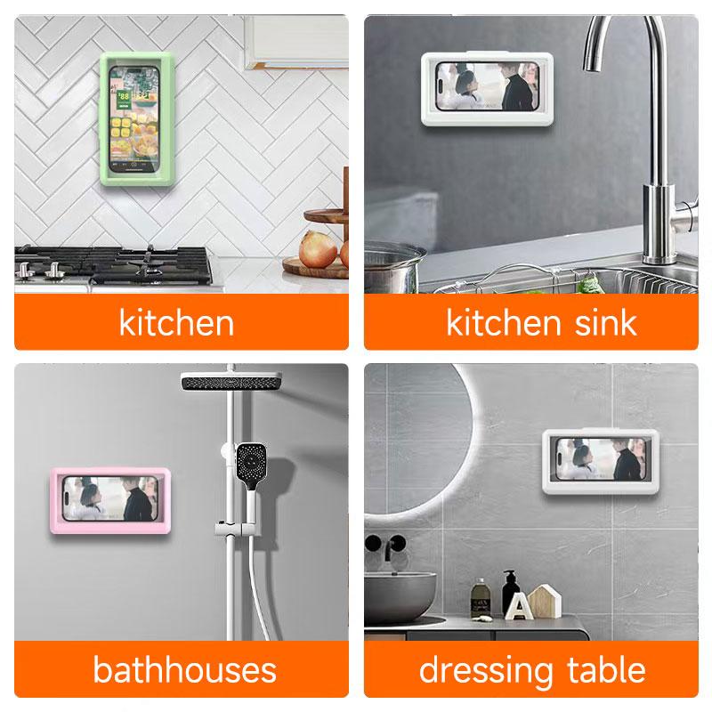 All-round waterproof cell phone holder，"480° rotating shower phone holder with waterproof case, compatible with 4" to 7" phones. Full touchscreen functionality for easy use in the shower. Wall-mounted for convenience and security."