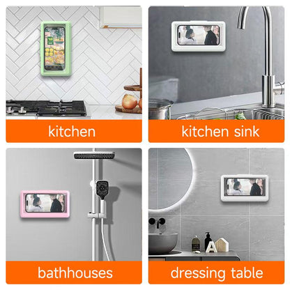 All-round waterproof cell phone holder，"480° rotating shower phone holder with waterproof case, compatible with 4" to 7" phones. Full touchscreen functionality for easy use in the shower. Wall-mounted for convenience and security."