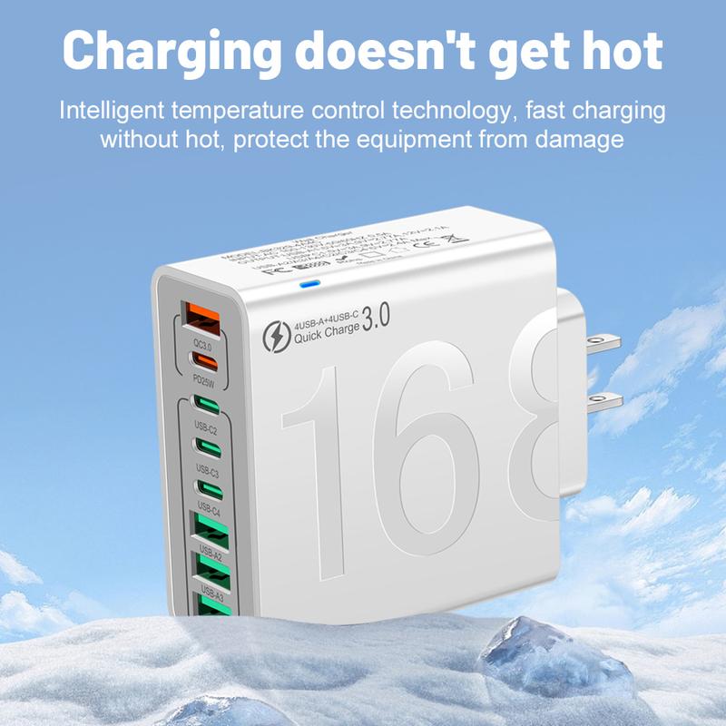 8-Port Fast Charging USB Hub (4 USB-C + 4 USB-A) Portable Smart Charger for Multiple Devices Smart Charger for Phones, Tablets & More