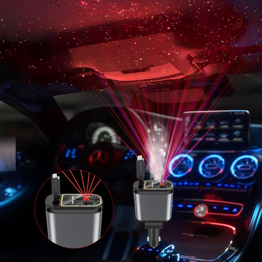 4-in-1 Retractable Car Charger with Star Projector | Color Breathing Light, Fast Car Phone Charger with Lightning/TypeC, 2 USB Port Adapters, Compatible with iPhone 15/14/13/12/11, Galaxy, Pixel for IOS/Android Devices Compact And Portable Design