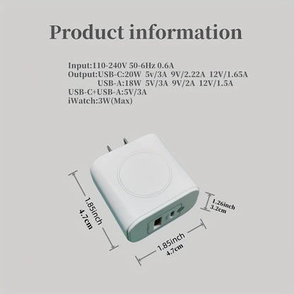 3in1 Charger, PD 20W Dual Interface, USB, Universal Travel Power Supply, 10-20W Output Power, 110V/220V Operating Voltage, US Plug, Without Battery, for iwatch