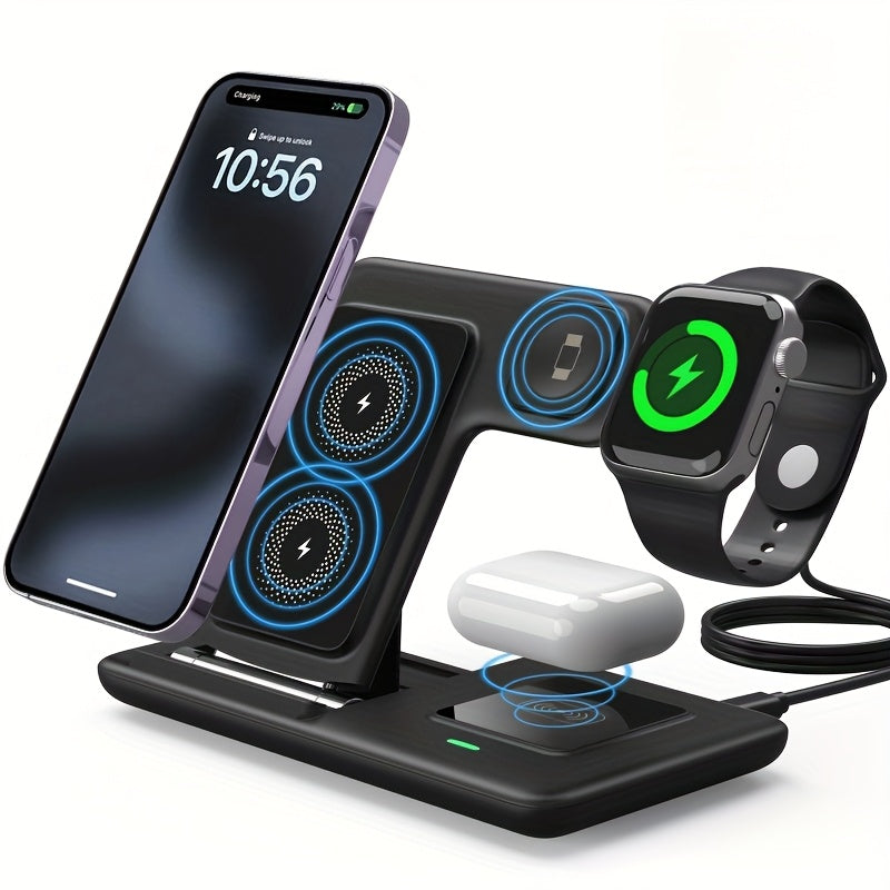 3-in-1 Folding Wireless Charging Station for iPhone 15–11 Series, Apple Watch 1–9 & AirPods Pro/3/2 – Magnetic USB Charger with LED Indicator