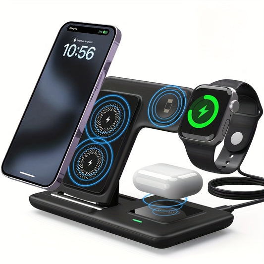 3-in-1 Folding Wireless Charging Station for iPhone 15–11 Series, Apple Watch 1–9 & AirPods Pro/3/2 – Magnetic USB Charger with LED Indicator