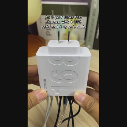 8-Port Fast Charging USB Hub (4 USB-C + 4 USB-A) Portable Smart Charger for Multiple Devices Smart Charger for Phones, Tablets & More